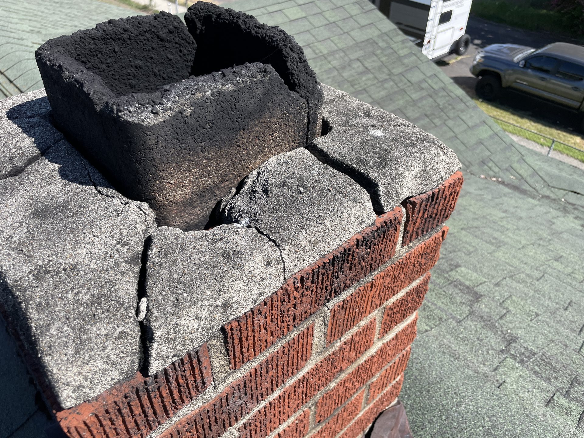 Close-up roof and chimney inspection